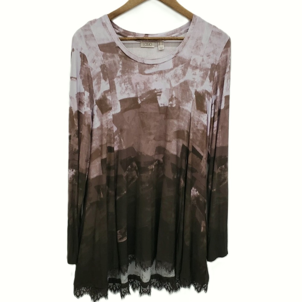 Womens M Brown Ombre Lace Hem Tunic Long Sleeve Boho Artsy Layering Top